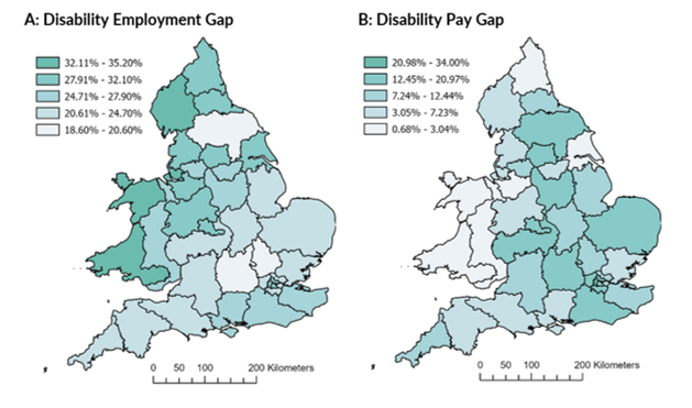 Two graphical maps of England and Wales showing disability pay and employment gaps by region