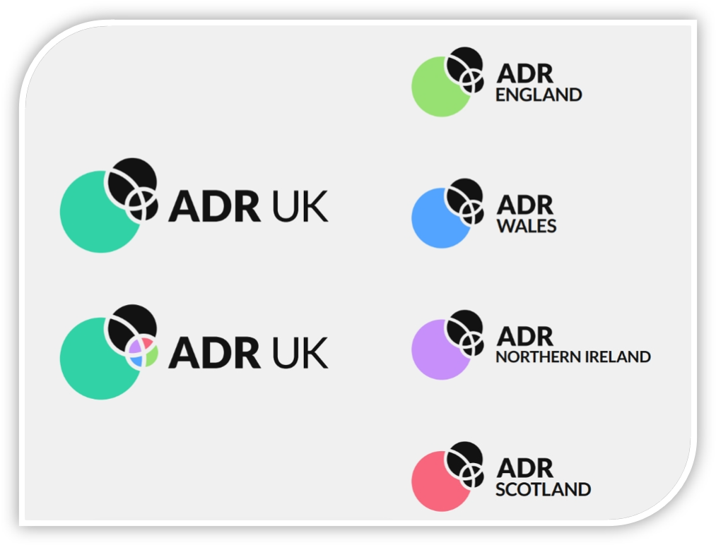 ADR UK logo in teal, ADR Wales logo in blue, ADR Scotland logo in coral, ADR England logo in green and ADR NI logo in violet