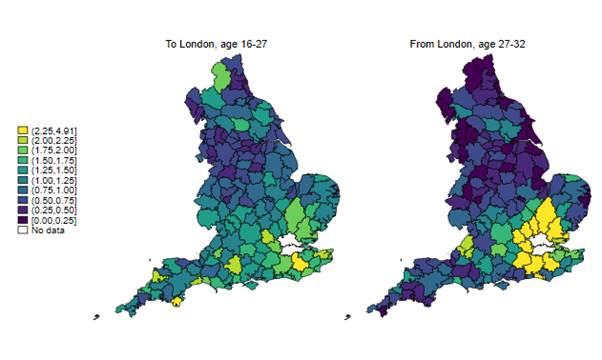 Image shows two maps of England and Wales: The first shows the origins of movers to London aged 16-27, and the second shows destinations of onward movers from London aged 27-32